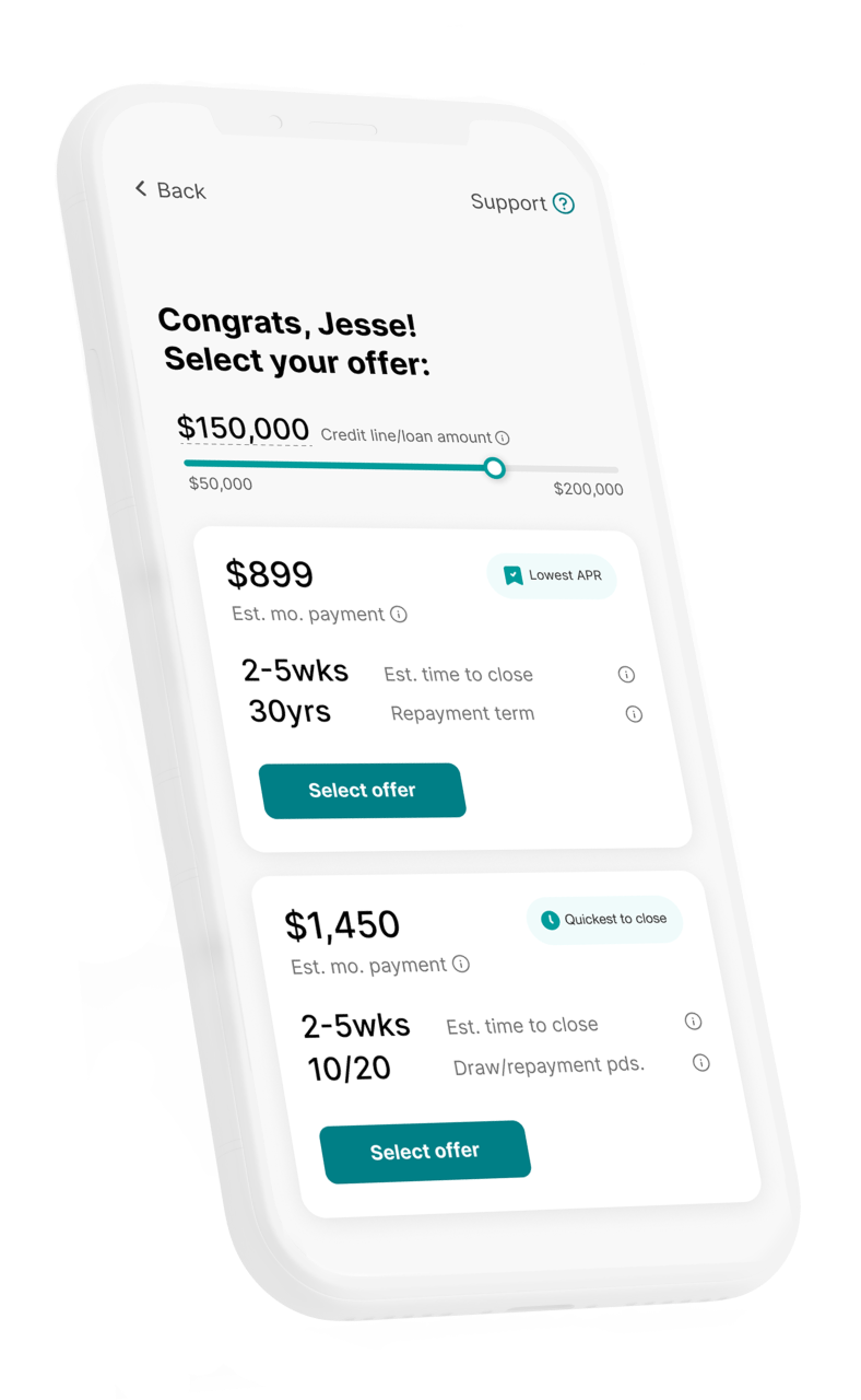 A smart phone that reads 'Congrats, Jesse! Select your offer.' The screen displays two different home equity borrowing offers with examples of funding and borrowing details.