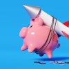 A piggy bank attached to a rocket, representing a rising credit score.
