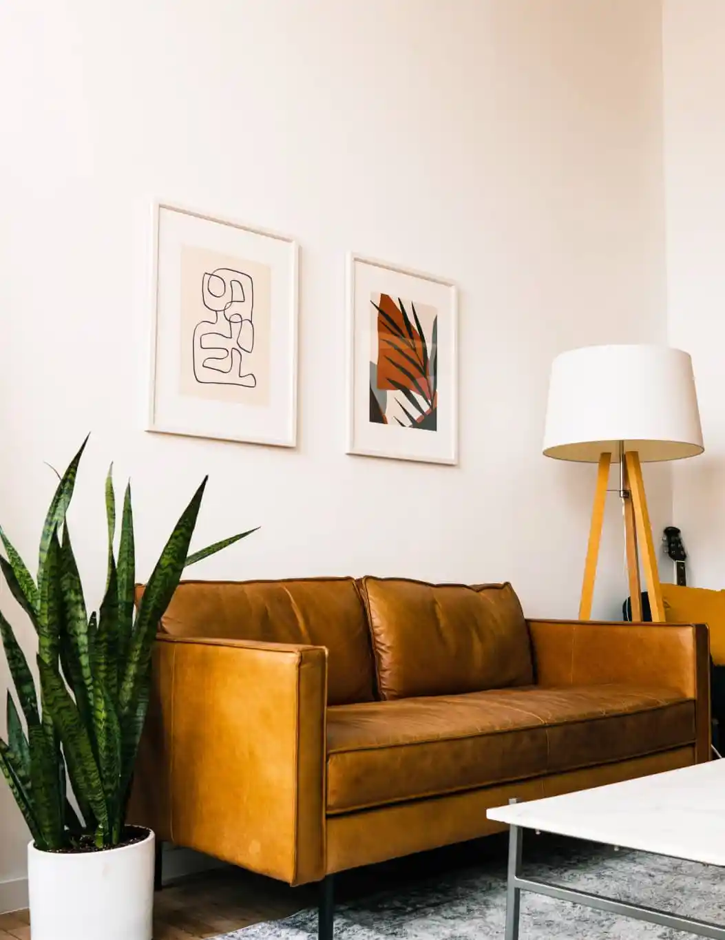 Light brown leather couch, standing lamp, indoor plant, and framed artwork on a white wall.