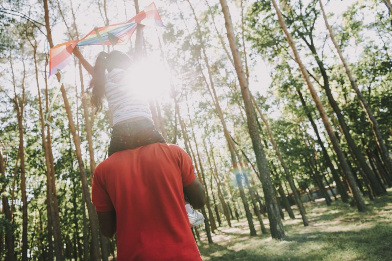 Girl Is Sitting On Dads Neck And Flying Kite. Mixed Family. Happy Together. Holiday Leisure. Weekend Activity. Going Outside. Nature Walking. Good Mood. Sunny Day. Black Father. Forest Resting.