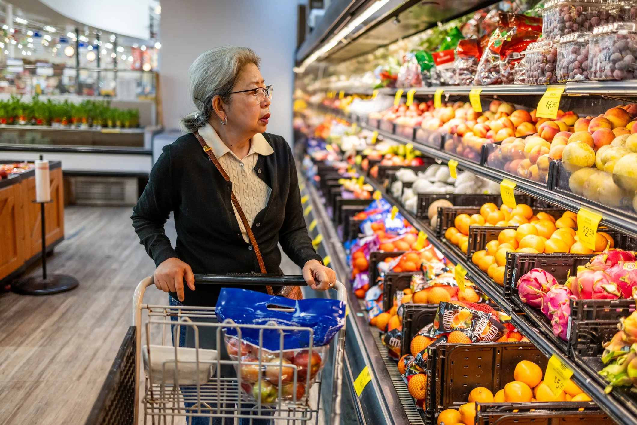 Senior woman shopping for food at a local grocery store